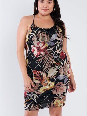 Black Criss-Cross Open Back Mini Floral Print Plus Summer Dress - NWT